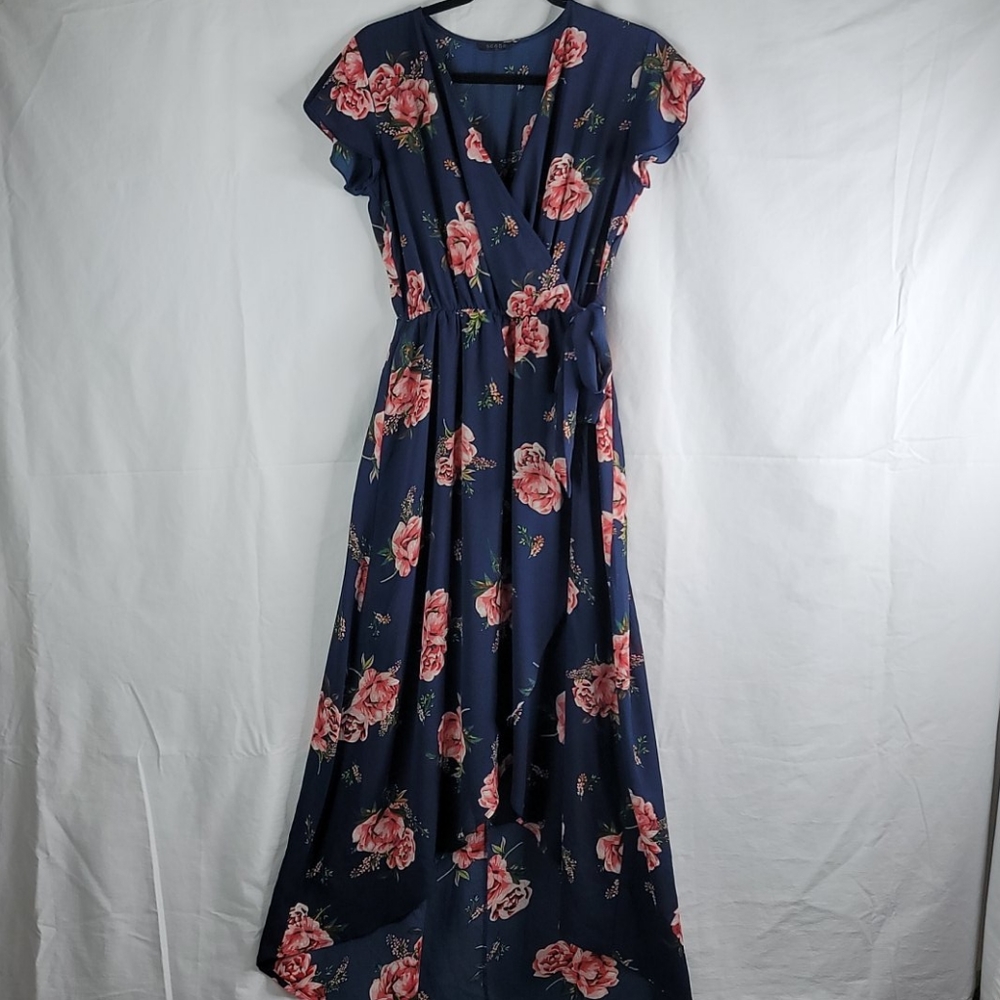 Scobe blue floral hi-low faux wrap dress sz Med